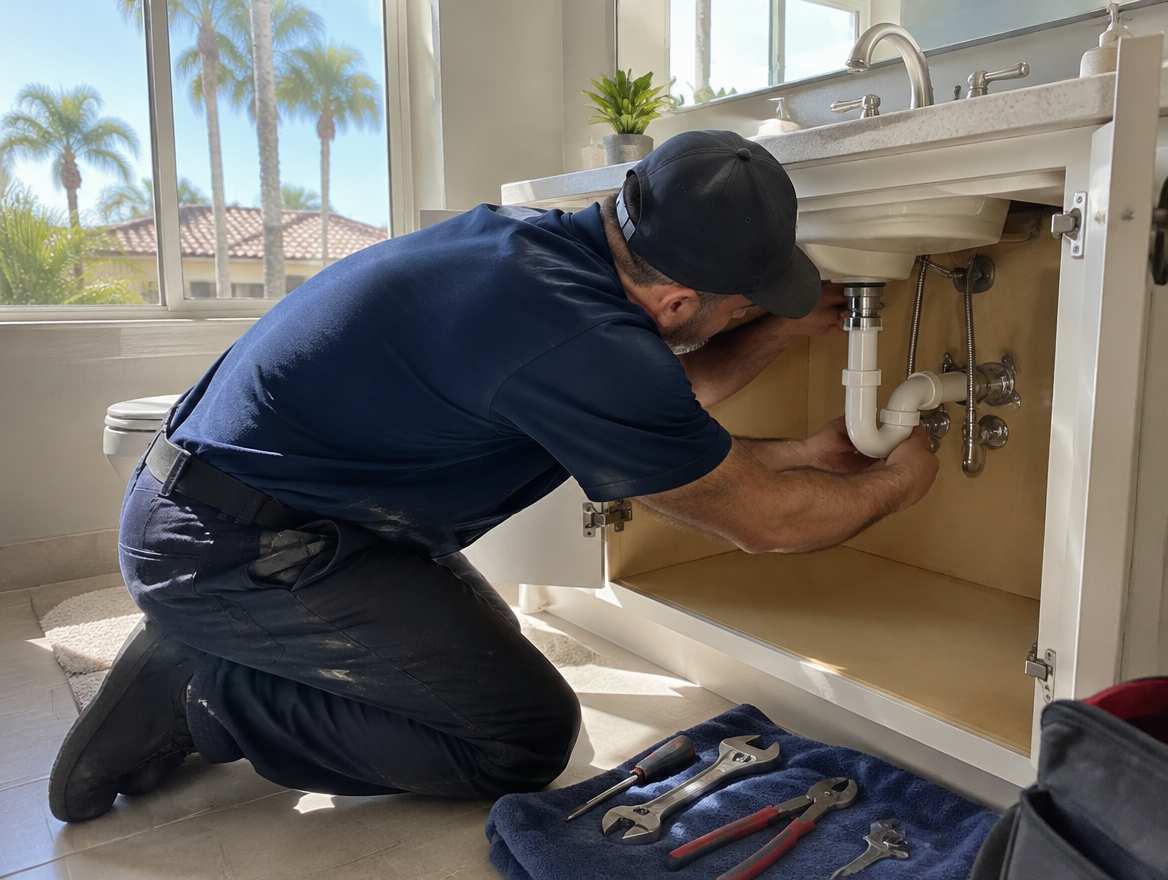 A plumber working under a sink on home plumbing