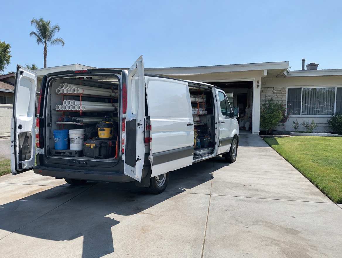 An unmarked plumbing service van parked at a home in Amerige Heights, California