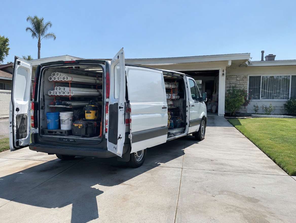 An unmarked plumbing service van parked at a home in Amerige Heights, California