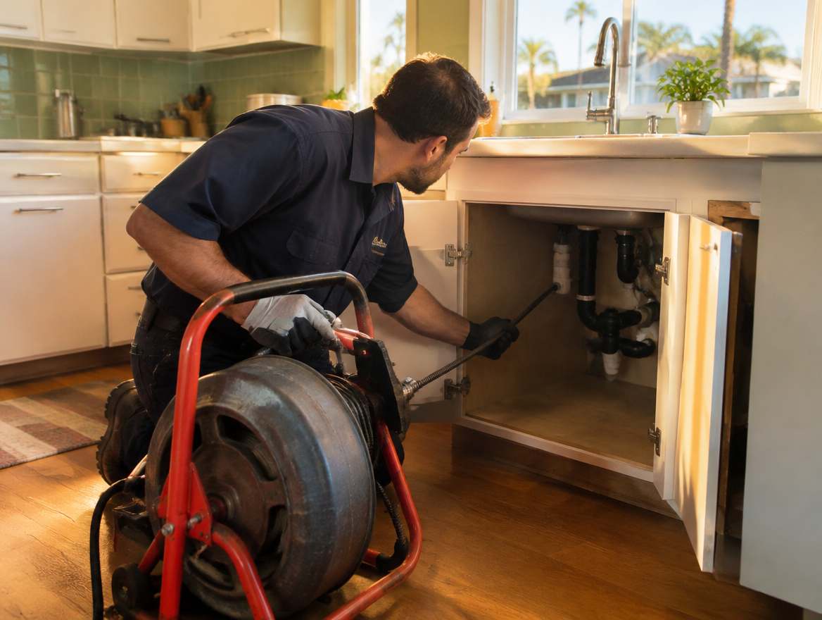 A plumber clearing a clogged drain with a powered drain-cleaning machine under a kitchen sink