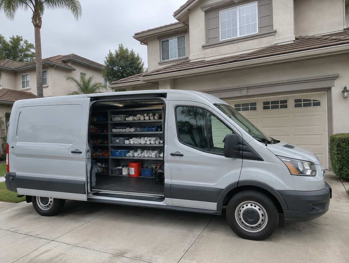 An unmarked plumbing service van parked at a home in Anaheim, California