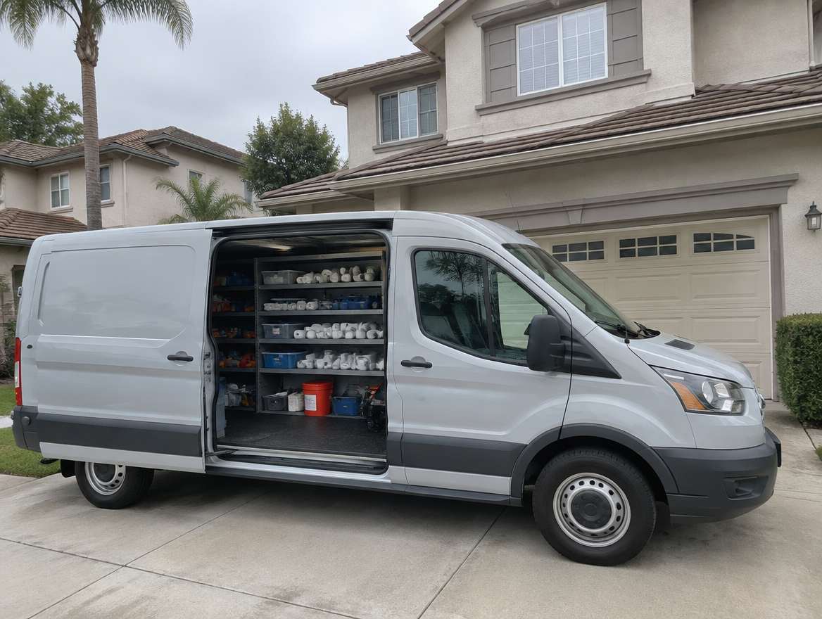 An unmarked plumbing service van parked at a home in Anaheim, California