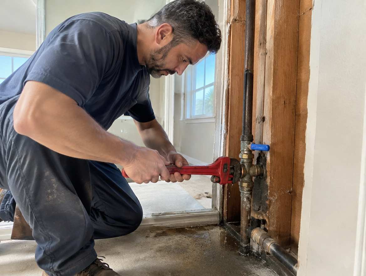 A plumber shutting off the water main during a plumbing emergency