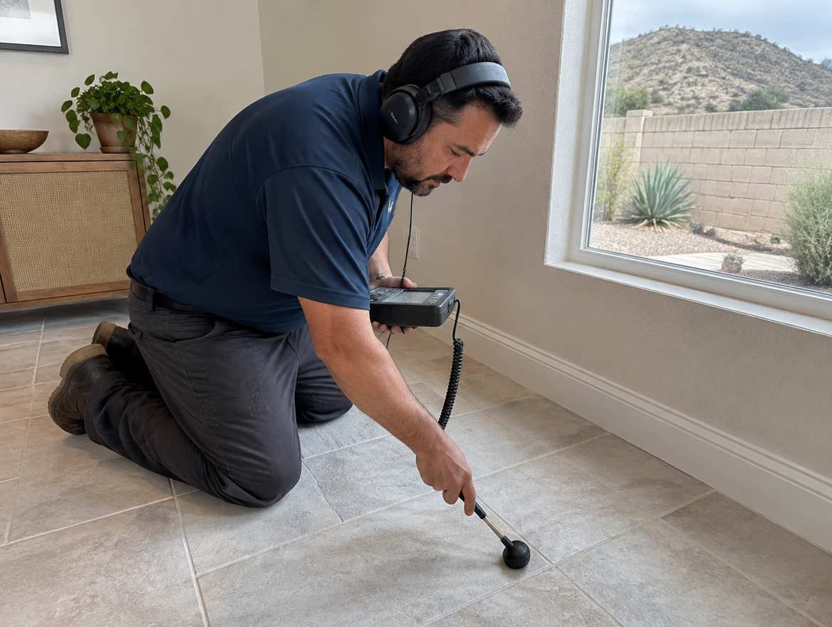 A plumber using electronic leak-detection equipment to find a hidden pipe leak