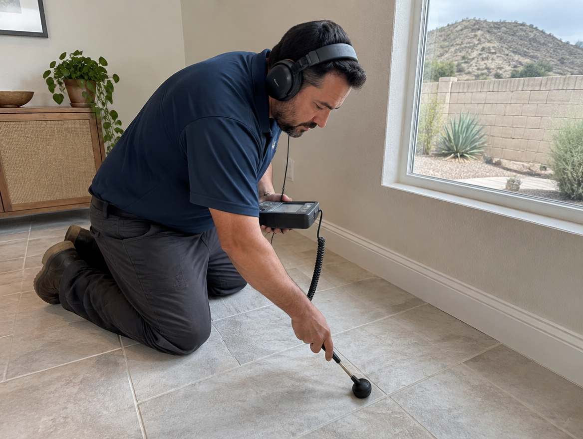 A plumber using electronic leak-detection equipment to find a hidden pipe leak