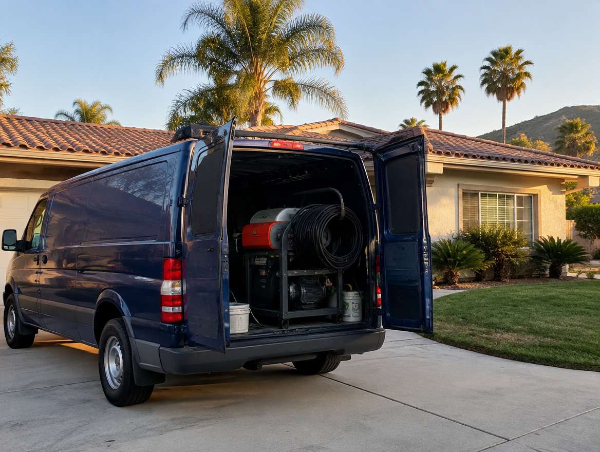 An unmarked plumbing service van parked at a home in Anaheim Hills, California