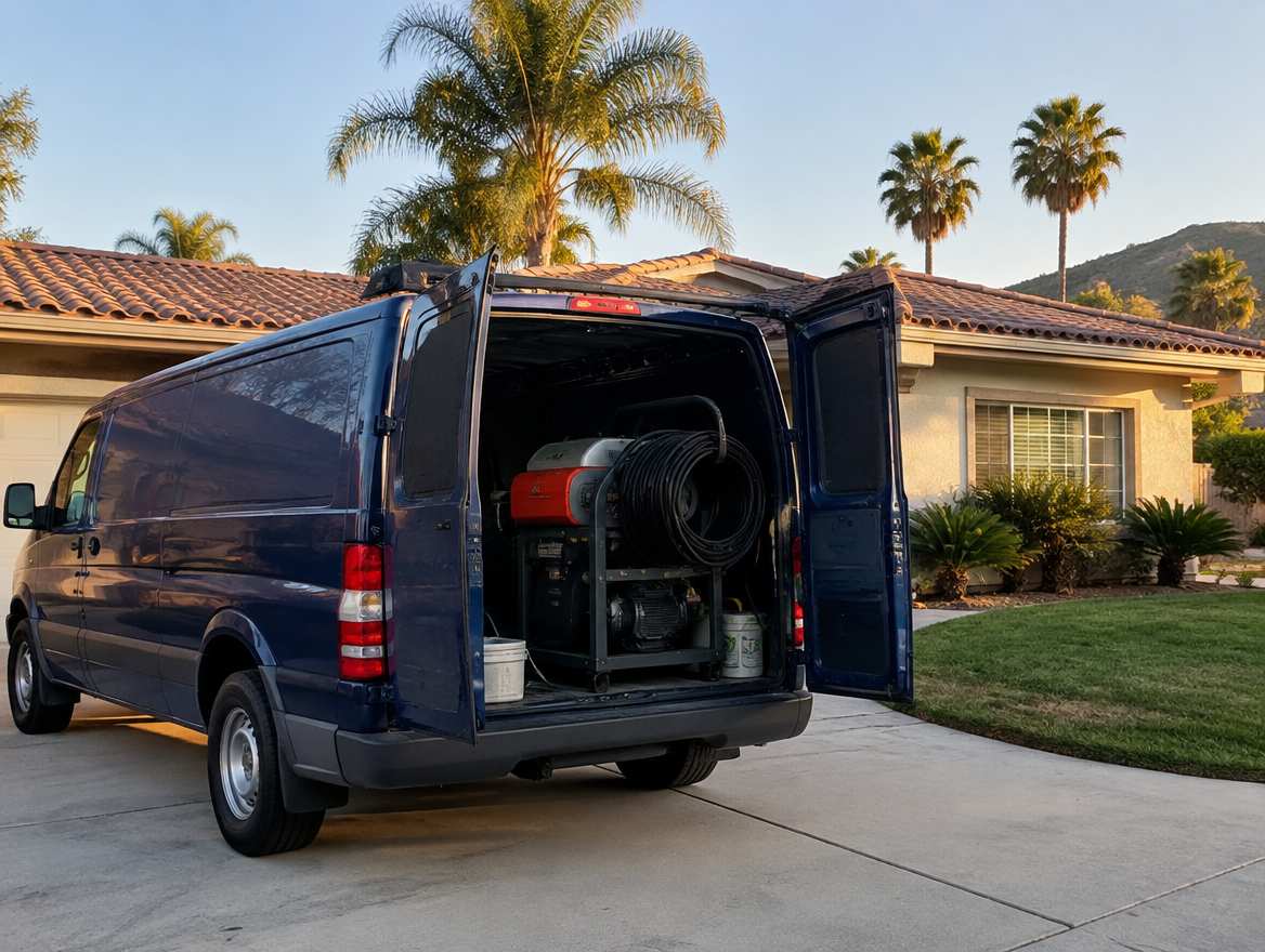 An unmarked plumbing service van parked at a home in Anaheim Hills, California