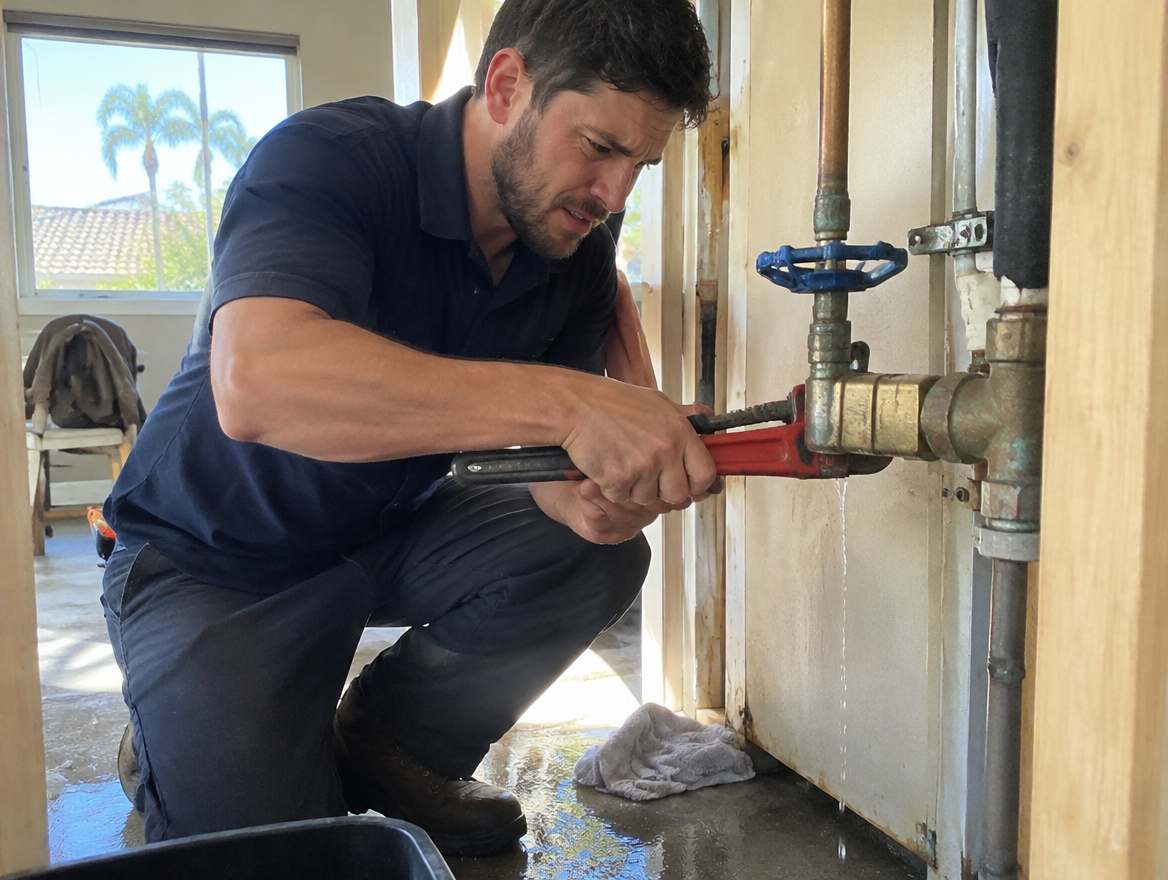 A plumber shutting off the water main during a plumbing emergency