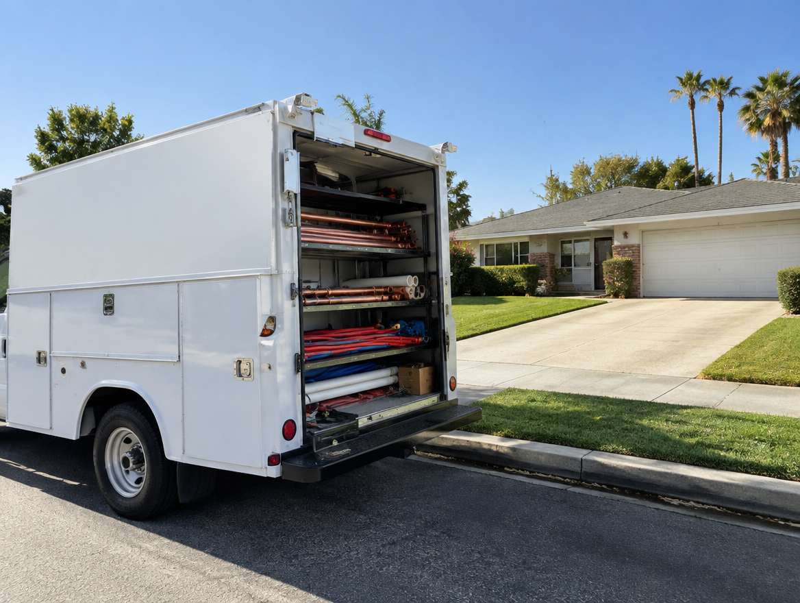 An unmarked plumbing service van parked at a home in Brea, California
