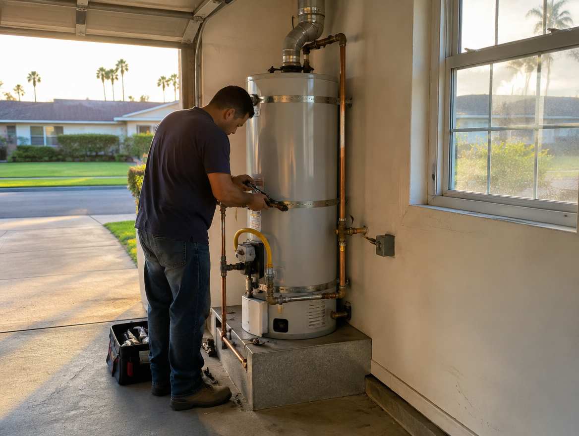 A plumber connecting the water and gas lines on a residential water heater