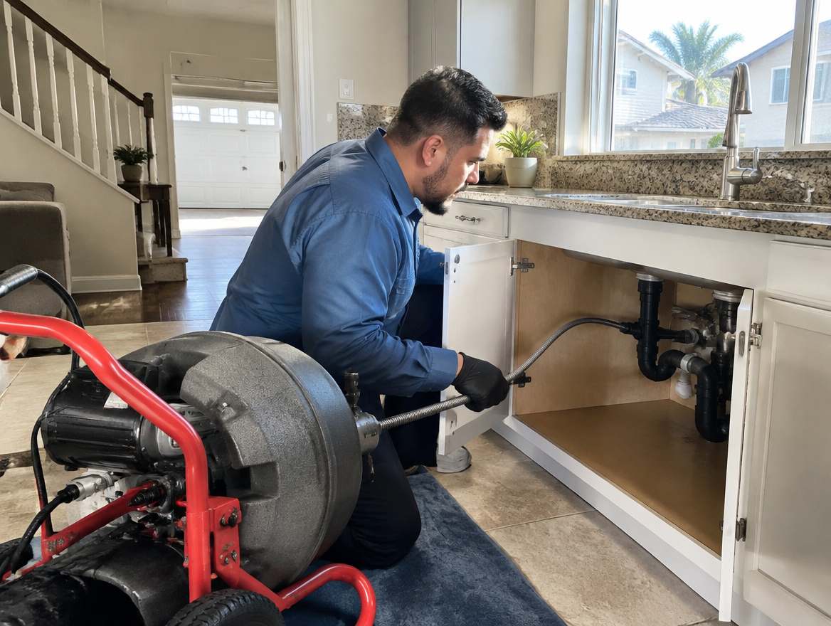 A plumber clearing a clogged drain with a powered drain-cleaning machine under a kitchen sink