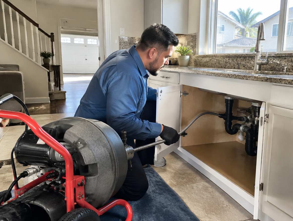 A plumber clearing a clogged drain with a powered drain-cleaning machine under a kitchen sink
