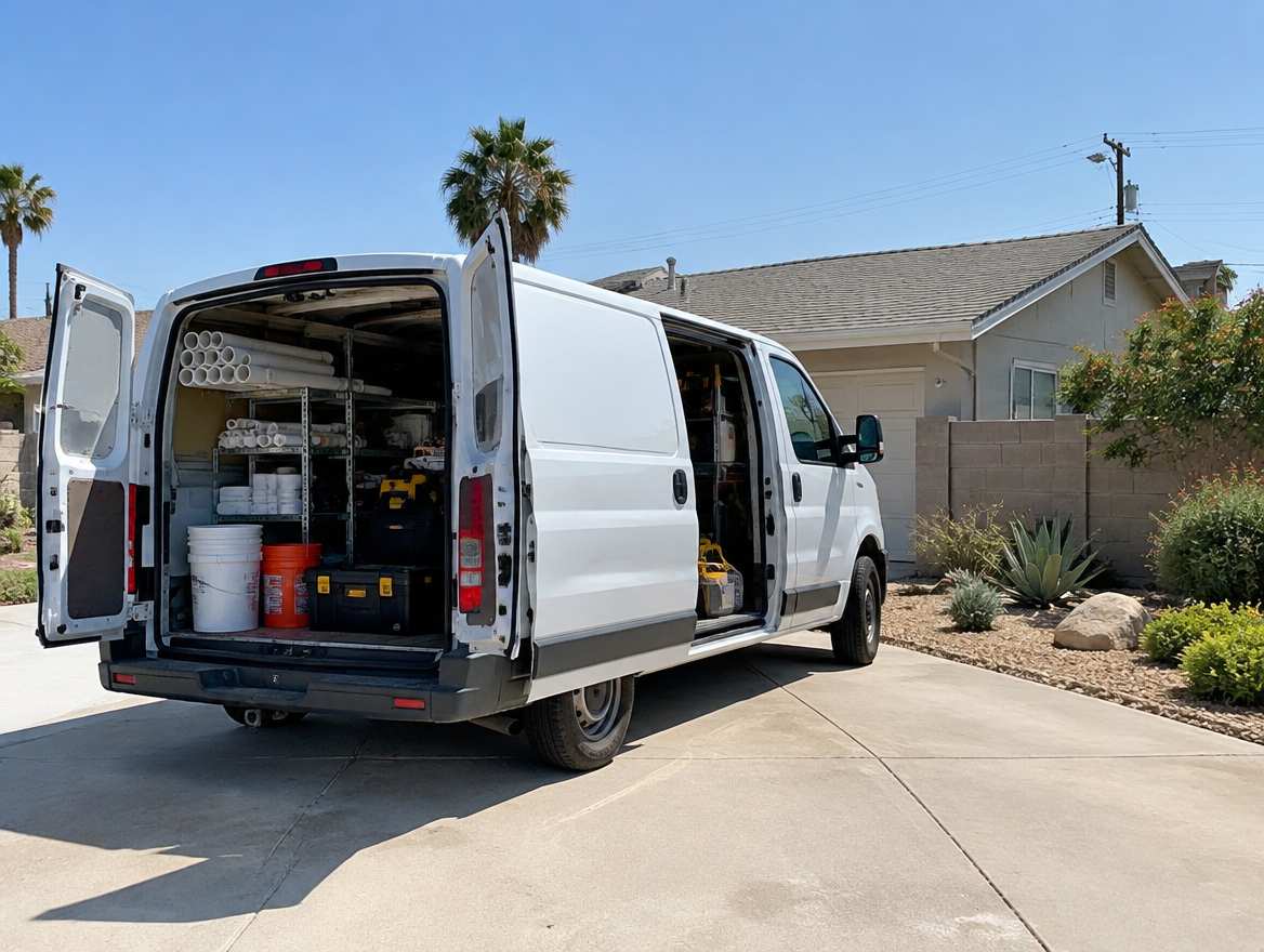 An unmarked plumbing service van parked at a home in Buena Park, California