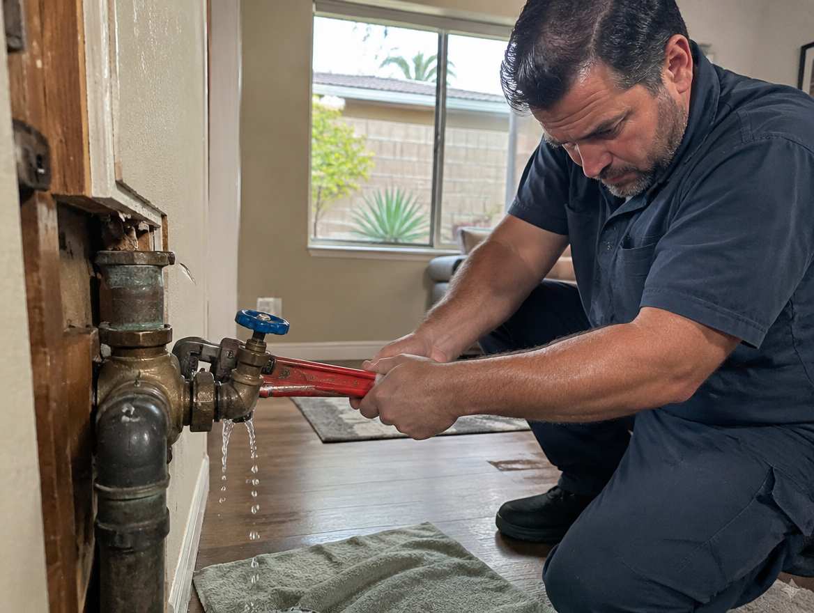 A plumber shutting off the water main during a plumbing emergency