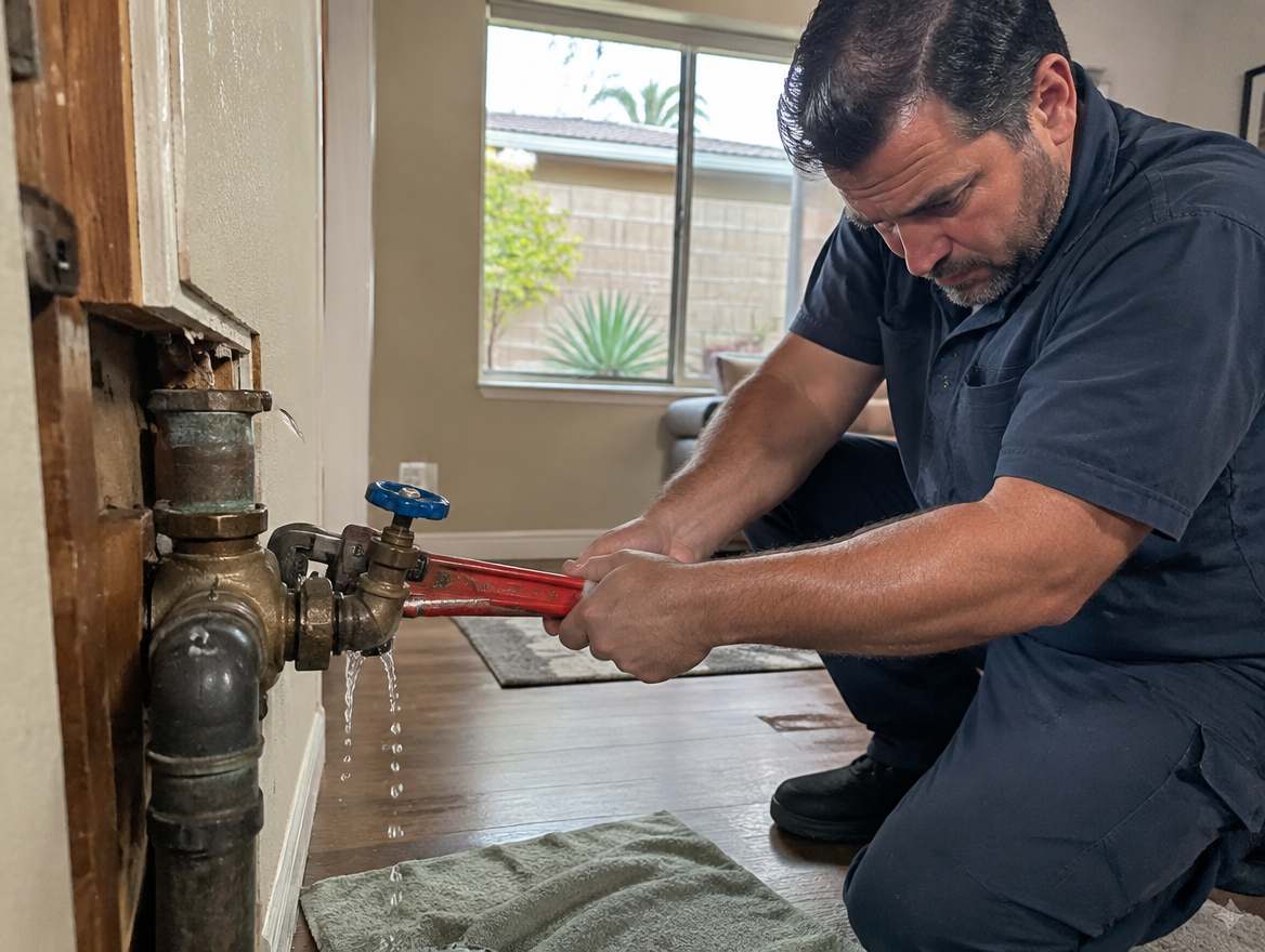 A plumber shutting off the water main during a plumbing emergency