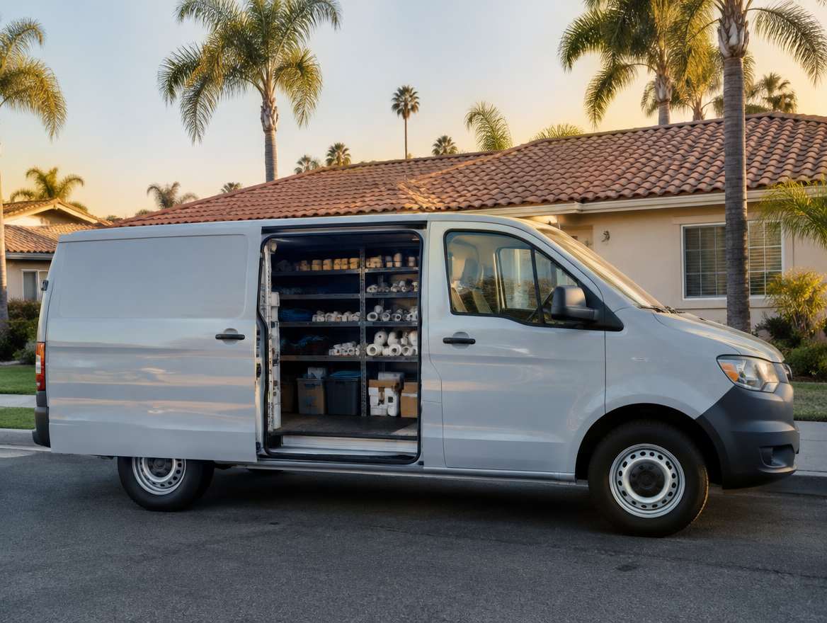 An unmarked plumbing service van parked at a home in Buena Park, California