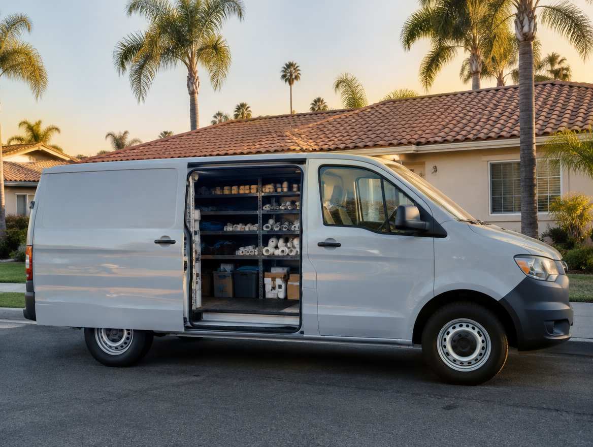 An unmarked plumbing service van parked at a home in Buena Park, California