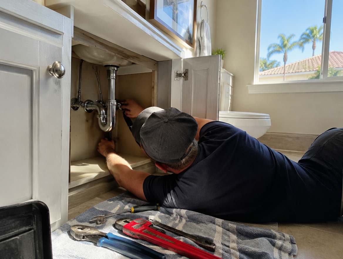 A plumber working under a sink on home plumbing