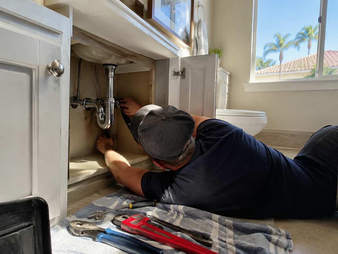 A plumber working under a sink on home plumbing