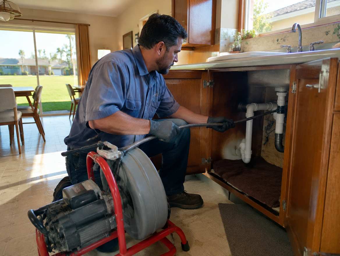 A plumber clearing a clogged drain with a powered drain-cleaning machine under a kitchen sink