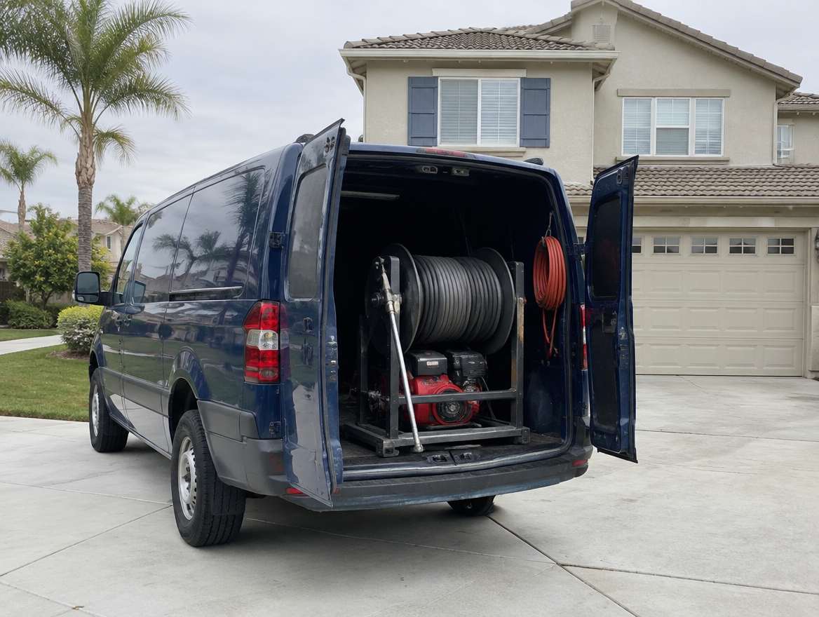An unmarked plumbing service van parked at a home in Cypress, California