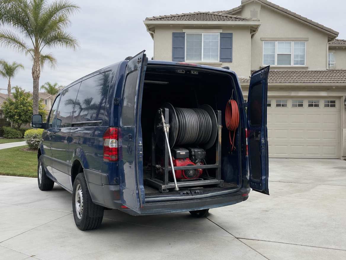 An unmarked plumbing service van parked at a home in Cypress, California