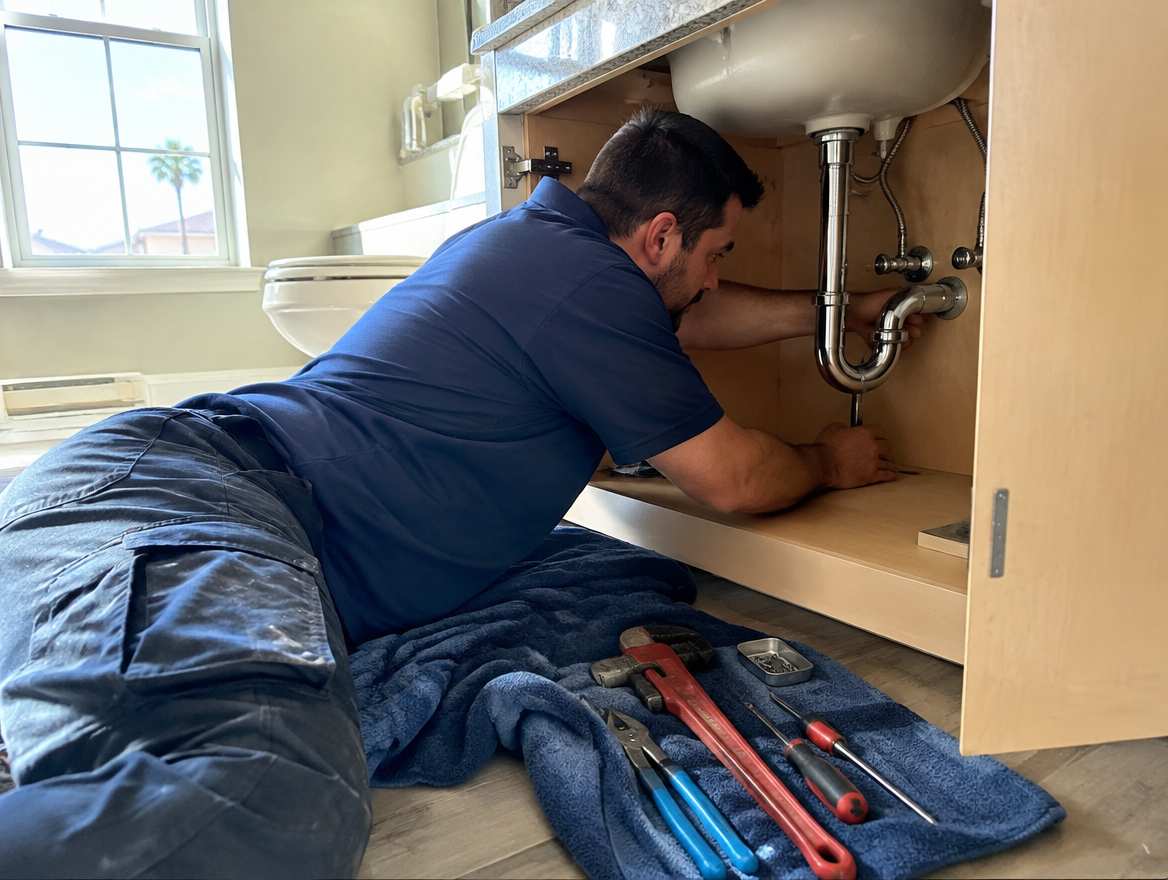 A plumber working under a sink on home plumbing