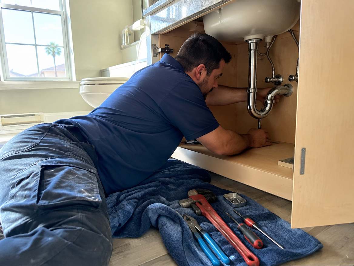 A plumber working under a sink on home plumbing