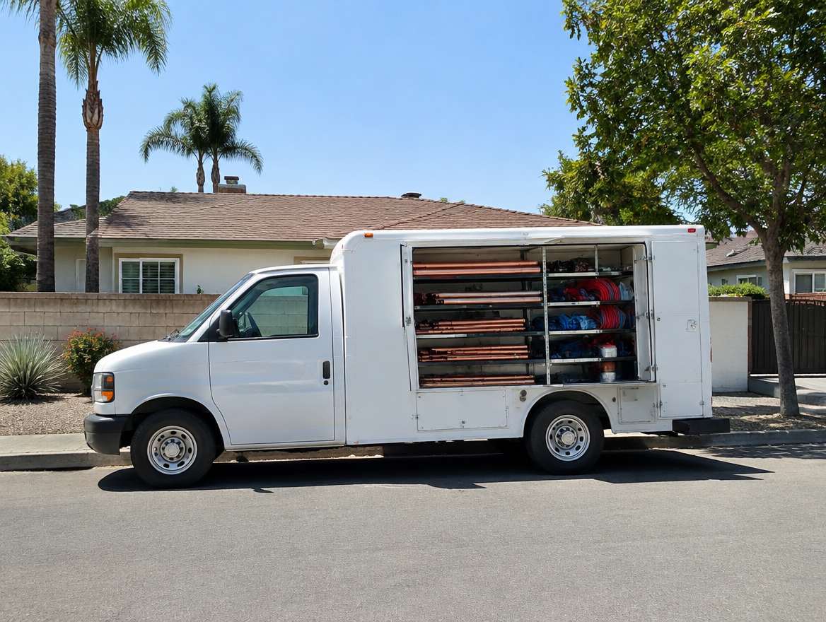 An unmarked plumbing service van parked at a home in Downtown Fullerton, California