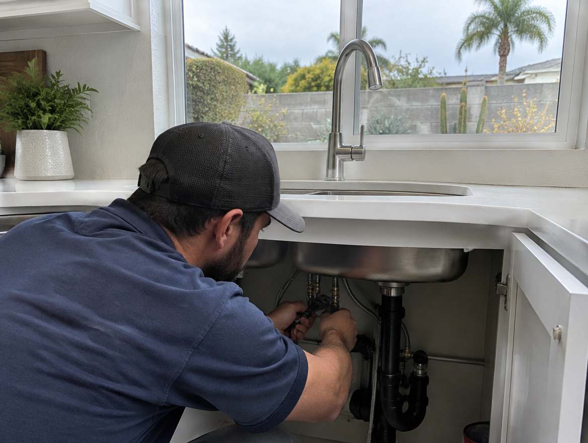 A plumber installing a new kitchen faucet and supply lines