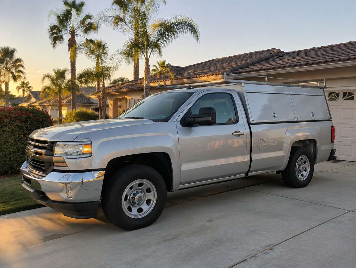 An unmarked plumbing service van parked at a home in Fullerton, California