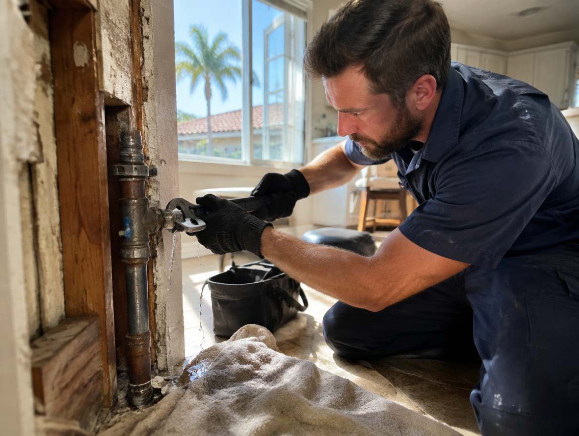 A plumber shutting off the water main during a plumbing emergency