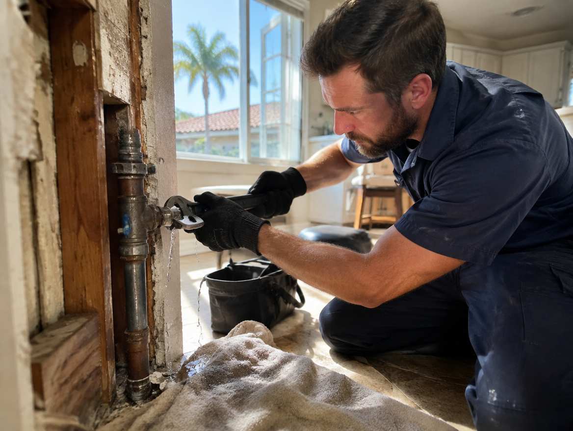 A plumber shutting off the water main during a plumbing emergency