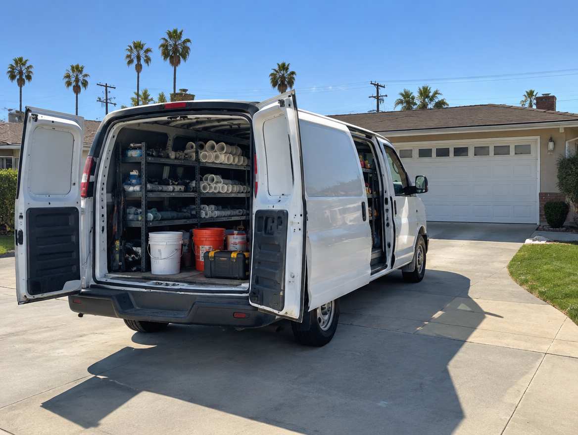 An unmarked plumbing service van parked at a home in Fullerton, California