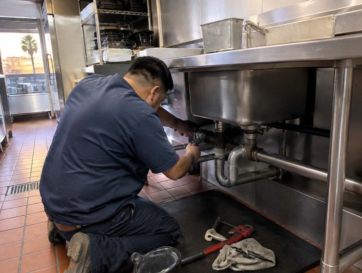 A plumber servicing commercial drain piping in a restaurant kitchen