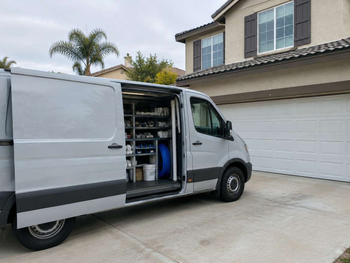 An unmarked plumbing service van parked at a home in Fullerton, California