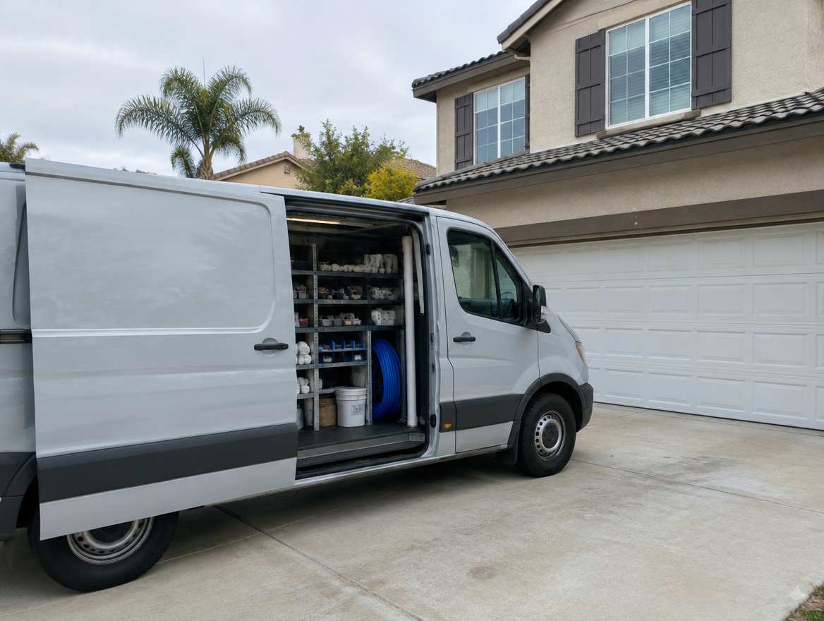 An unmarked plumbing service van parked at a home in Fullerton, California