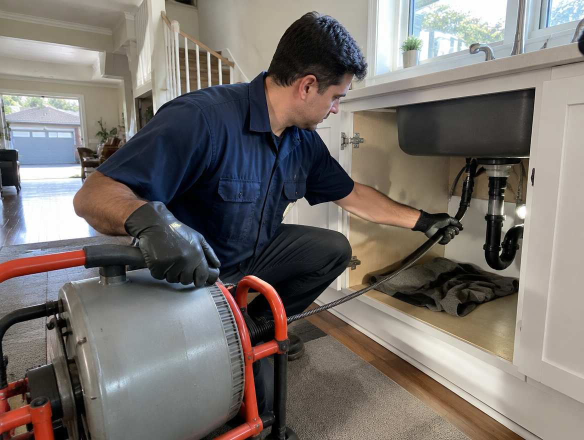 A plumber clearing a clogged drain with a powered drain-cleaning machine under a kitchen sink