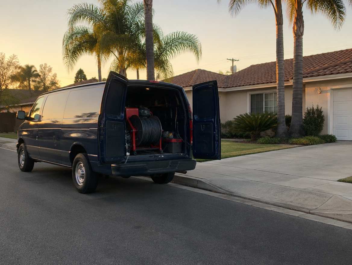 An unmarked plumbing service van parked at a home in Fullerton, California