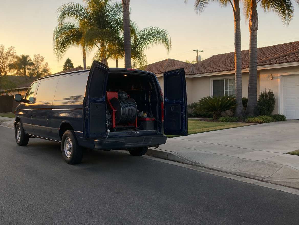 An unmarked plumbing service van parked at a home in Fullerton, California