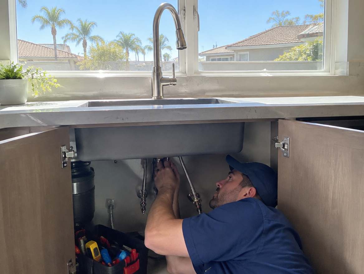 A plumber installing a new kitchen faucet and supply lines