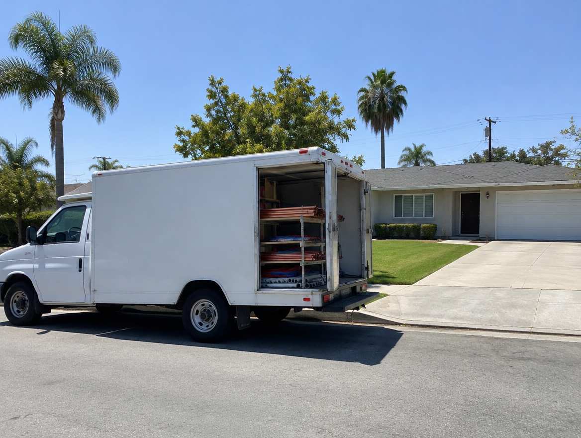 An unmarked plumbing service van parked at a home in Fullerton, California