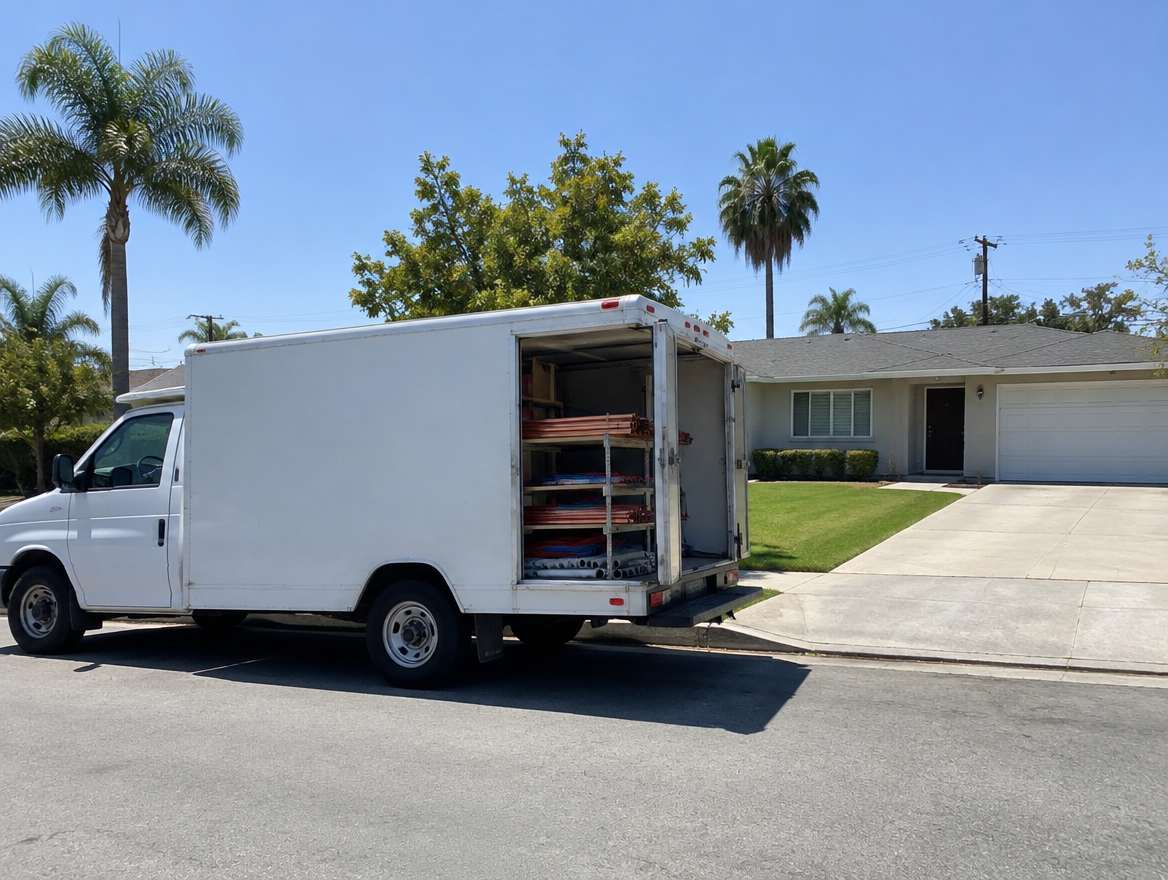 An unmarked plumbing service van parked at a home in Fullerton, California