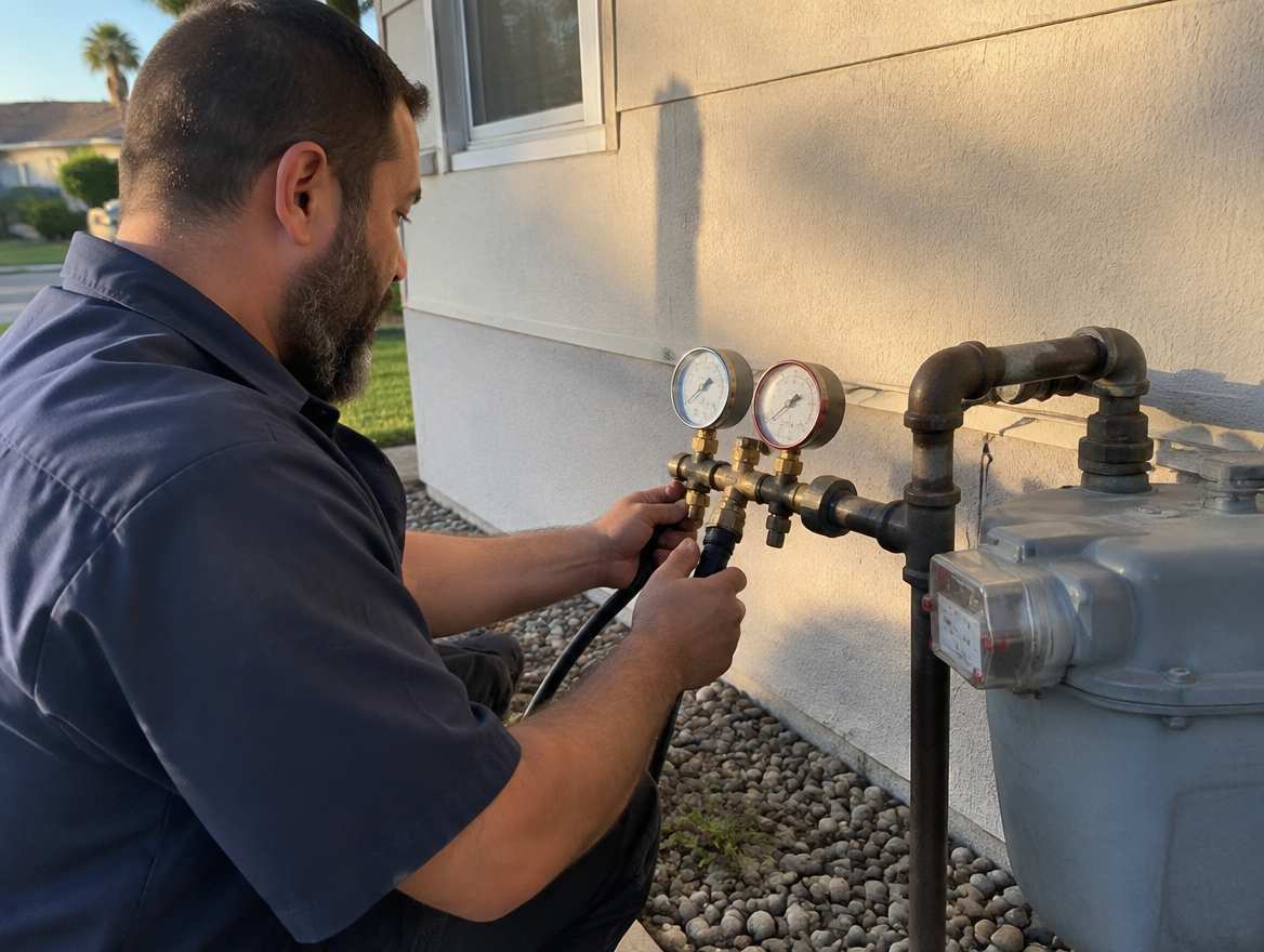 A plumber pressure-testing a gas line at an exterior gas meter