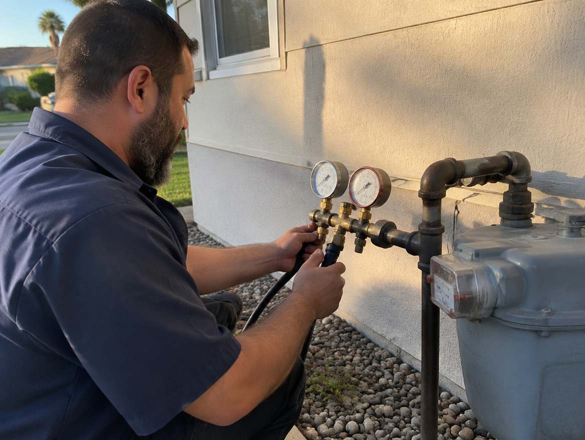 A plumber pressure-testing a gas line at an exterior gas meter