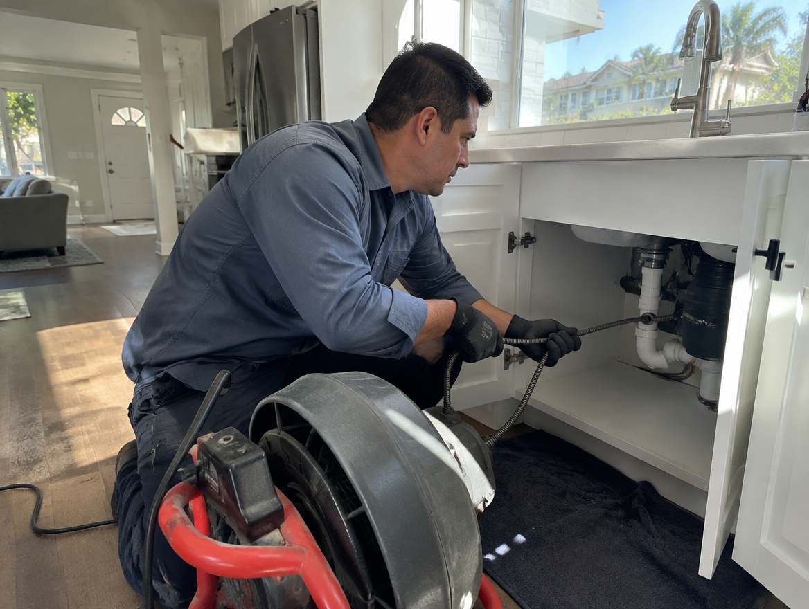 A plumber clearing a clogged drain with a powered drain-cleaning machine under a kitchen sink