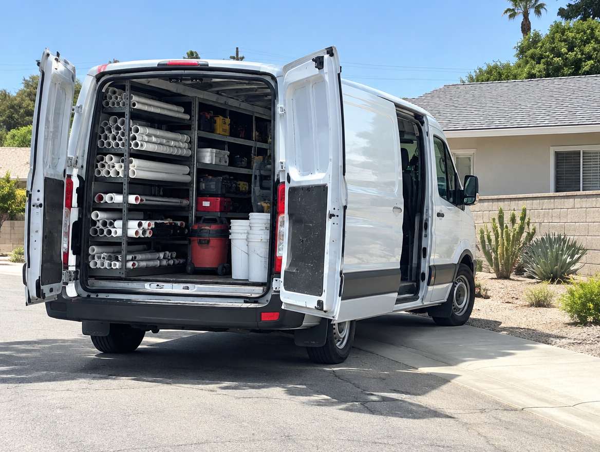 An unmarked plumbing service van parked at a home in Fullerton, California