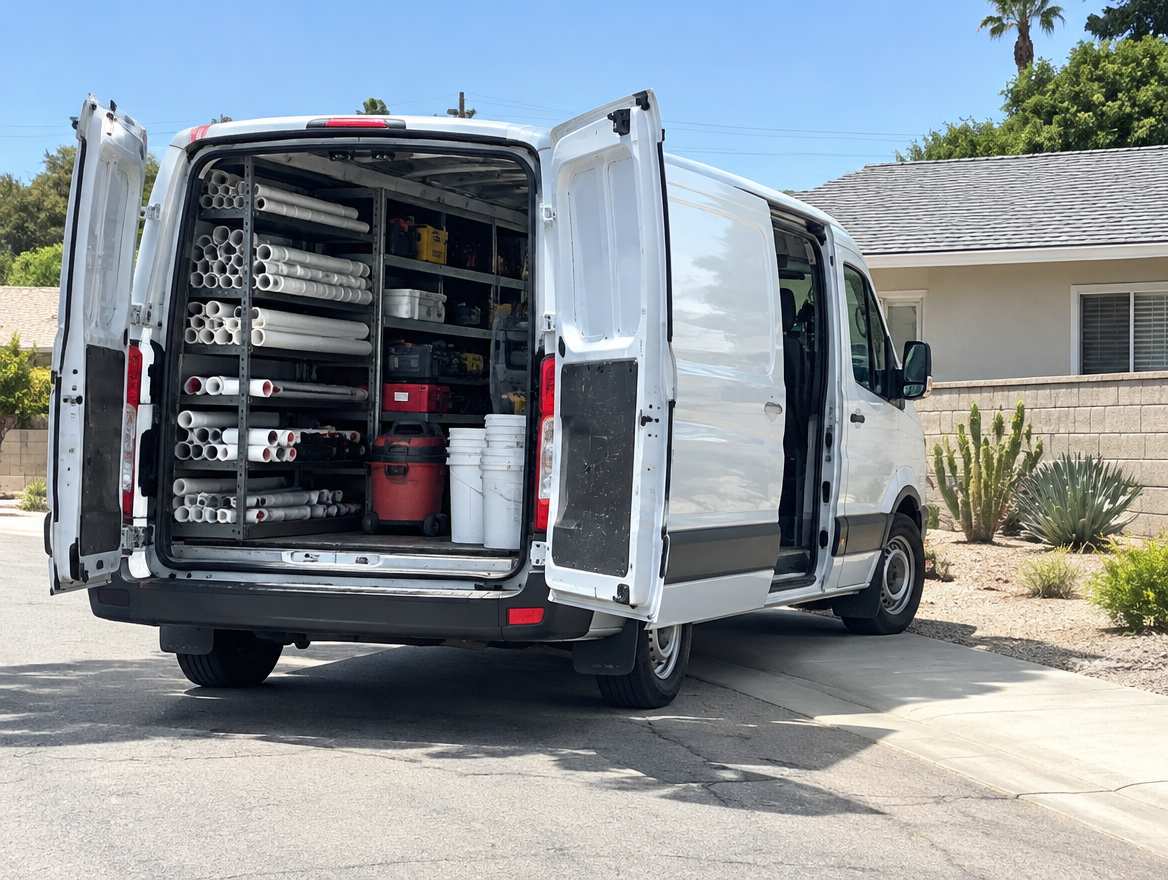 An unmarked plumbing service van parked at a home in Fullerton, California