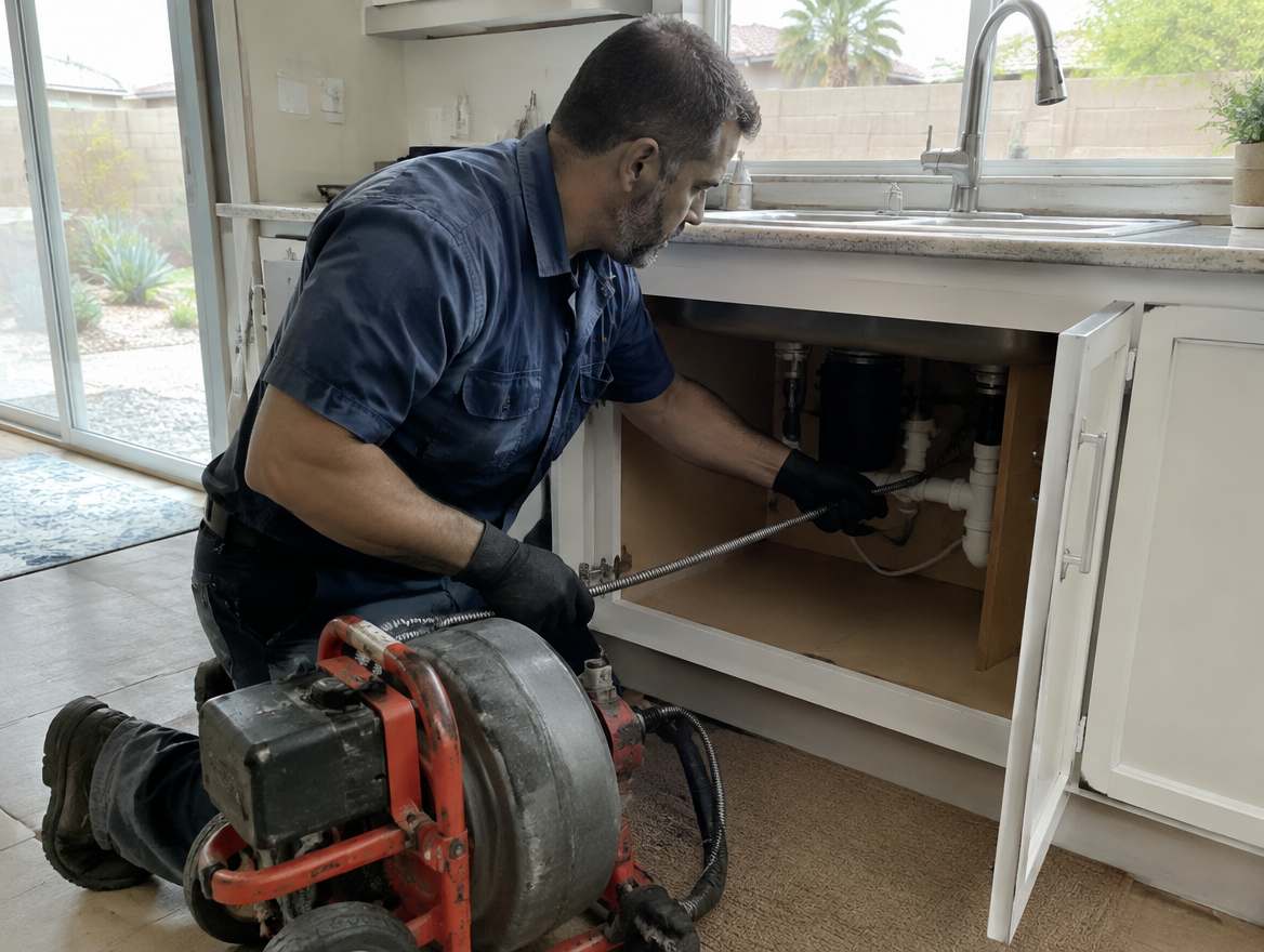 A plumber clearing a clogged drain with a powered drain-cleaning machine under a kitchen sink