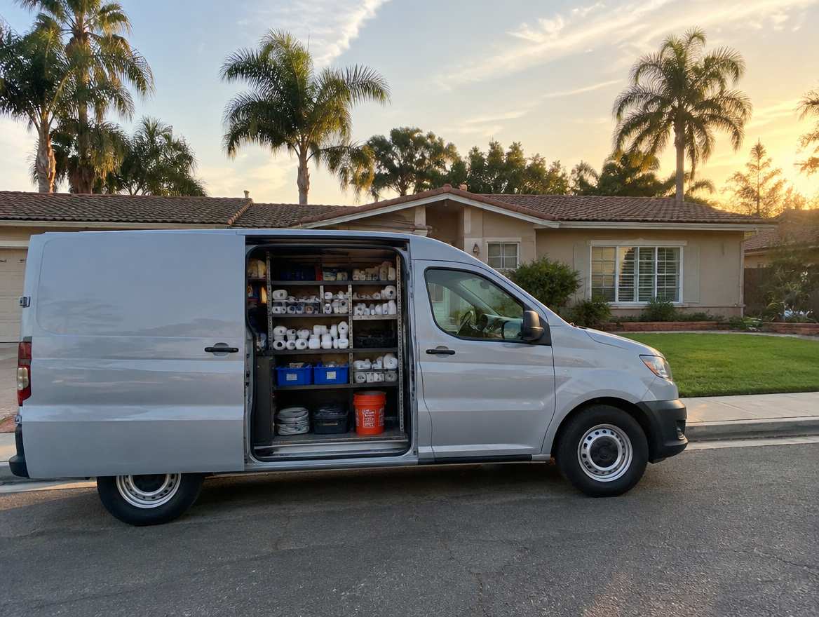 An unmarked plumbing service van parked at a home in Fullerton, California